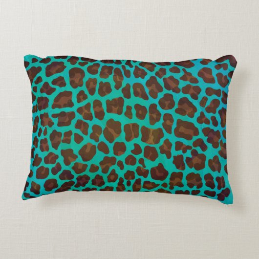 ヒョウ・ブラウンとティール(緑がかった色)プリント アクセントクッション (裏面)