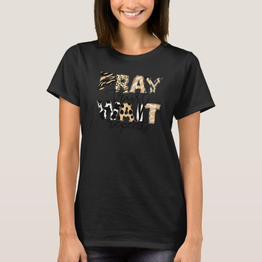 ヒョウ 祈る 信じる 待つ 聖書 キリスト教 ウエスタン Tシャツ (正面)