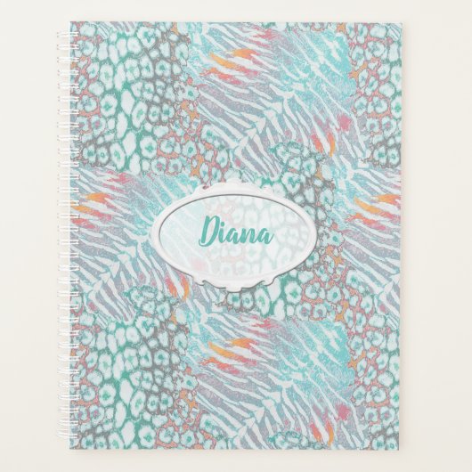 ヒョウ，虎，皮膚，斑点，ストライプのターコイズ, プランナー手帳 (正面)