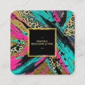 **ヒョウAP93抽象芸術動物ネオン金ゴールド はっきりした スクエア名刺 (正面)