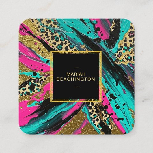 **ヒョウAP93抽象芸術動物ネオン金ゴールド はっきりした スクエア名刺 (正面)
