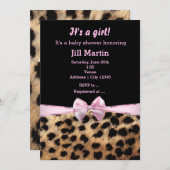 ヒョウcheetahブラックピンクボウガールズ招待状 招待状 (正面/裏面)