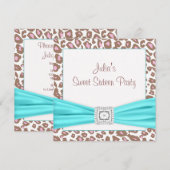 ヒョウPOSHピンクティール（緑がかった色）ダイヤモンドSweet sixteen 招待状 (正面/裏面)