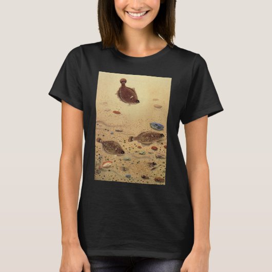 ヒラメまたはカレイ、ヴィンテージ海洋生物 Tシャツ (正面)