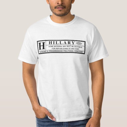 ヒラリー警告・クリントンのレーベル Tシャツ (正面)