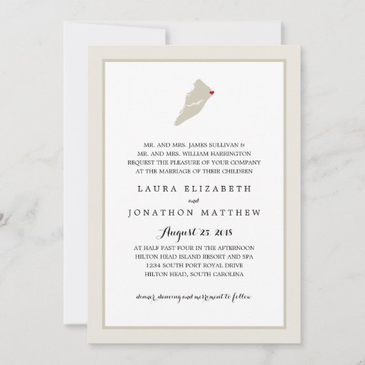 ヒルトンヘッドアイランドマップとハート | 結婚s 招待状 (正面)