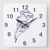 ヒルトンヘッドアイランドSCヴィンテージマップネイビーブルー スクエア壁時計 (正面)