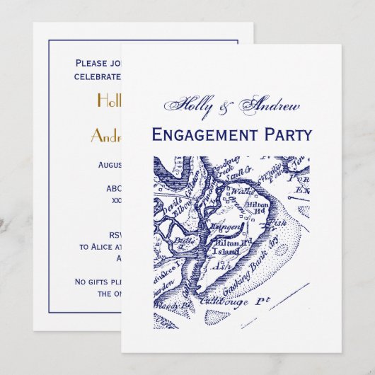 ヒルトンヘッドアイランドSCヴィンテージマップネイビーブルー 招待状 (正面/裏面)