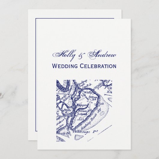 ヒルトンヘッドアイランドSCヴィンテージマップネイビーブルー 招待状 (正面/裏面)