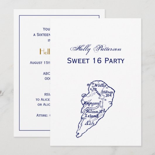 ヒルトンヘッドアイランドSCヴィンテージマップネイビーブルー 招待状 (正面/裏面)