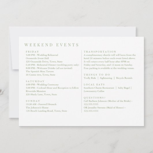 ヒルトンヘッドセージ結婚グリーンのウェルカム旅程 サンキューカード (裏面)