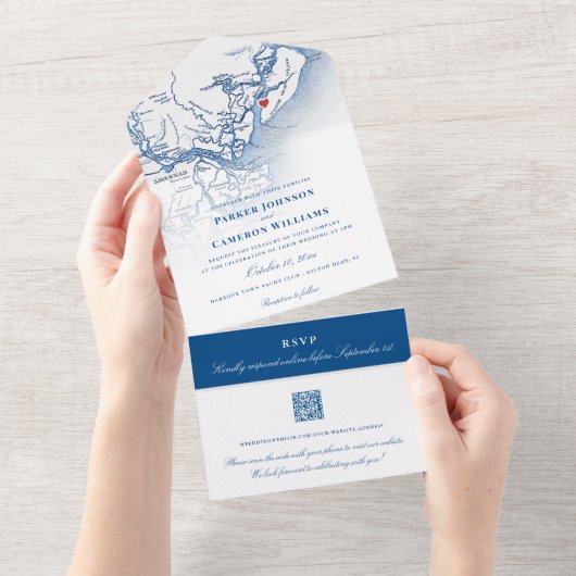 ヒルトンヘッドSCマップエレガントネイビー結婚ズ オールインワン招待状 (貼ってはがせる)