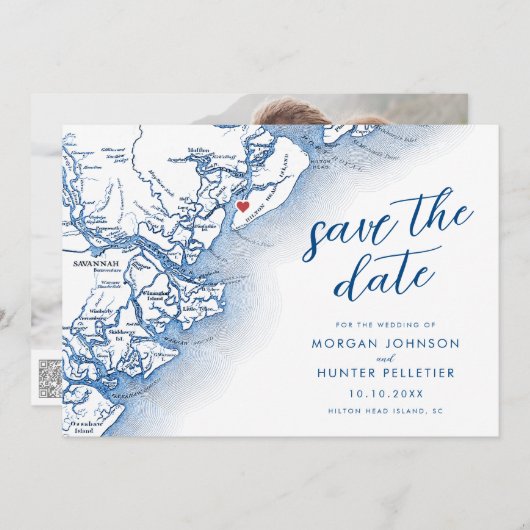 ヒルトンモダンヘッドサウスカロライナの地図結婚ズ セーブザデート (正面/裏面)