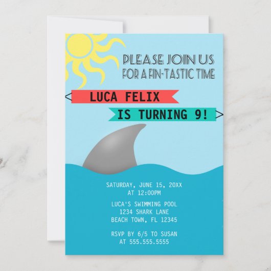 ヒレ味のタイムサメをテーマにした誕生日 招待状 (正面)
