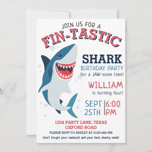 ヒレ味の笑顔のサメ子供の誕生日 招待状 (正面)