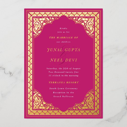 ヒンズエレガントーオーナメントフレームインディアン結婚ズ 箔招待状 (正面)