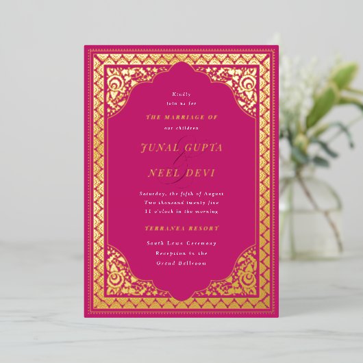 ヒンズエレガントーオーナメントフレームインディアン結婚ズ 箔招待状 (立ち正面)