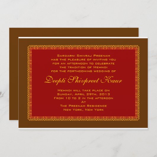 ヒンズー教のイスラム教のインドの結婚式招待状Mehndi 招待状 (正面/裏面)