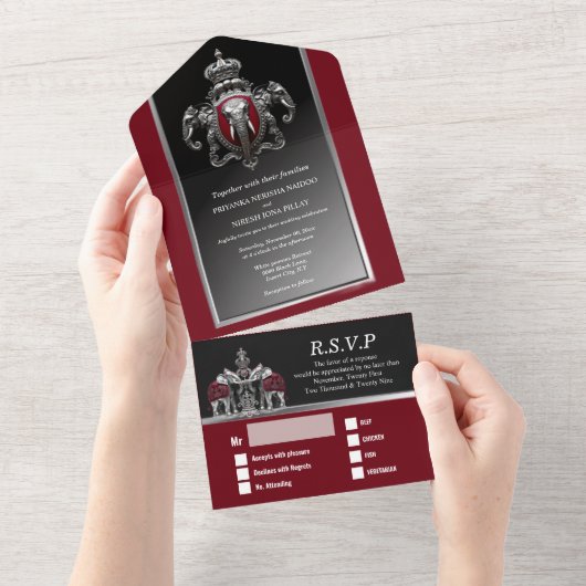 ヒンズー教のインディアンゾウはブルゴーニュ黒 オールインワン招待状 (貼ってはがせる)