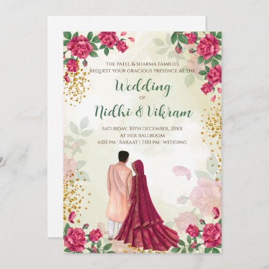 ヒンズー教の結婚式の招待状 & インドの結婚式の招待状 招待状 (正面/裏面)