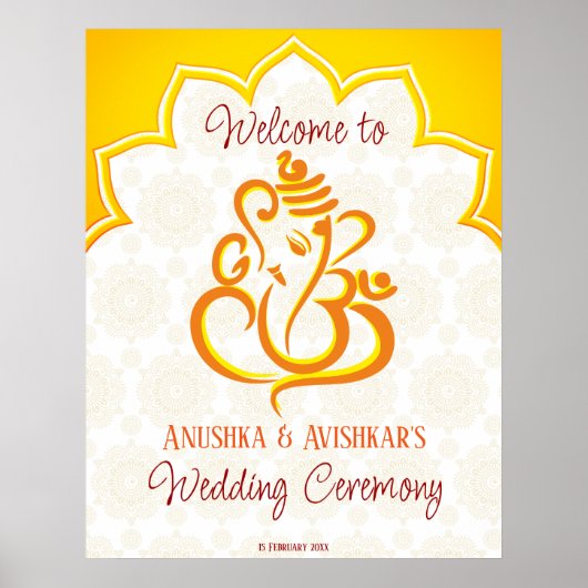 ヒンズー教の背景マンダラを持つ黄色のガネシャ ポスター (正面)
