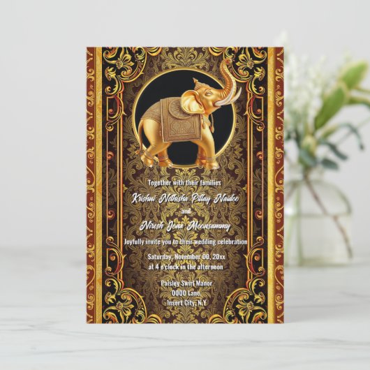 ヒンズー教の黒金ゴールド赤インディアン象エレガント 招待状 (スタンド正面)