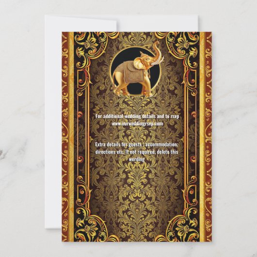 ヒンズー教の黒金ゴールド赤インディアン象エレガント 招待状 (裏面)