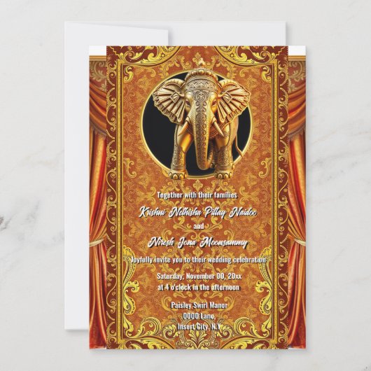 ヒンズー教オレンジ金ゴールドインディアンゾウ贅沢 招待状 (正面)