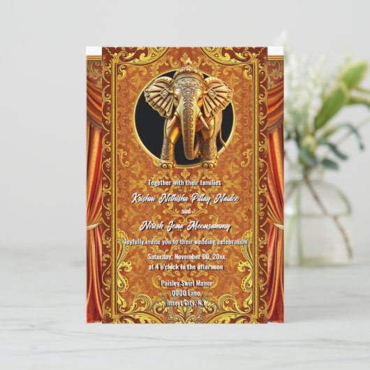 ヒンズー教オレンジ金ゴールドインディアンゾウ贅沢 招待状 (スタンド正面)