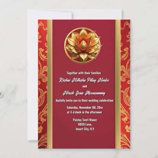 ヒンズー教ハスの花ブルゴーニュ金ゴールドフローラシック 招待状 (正面)