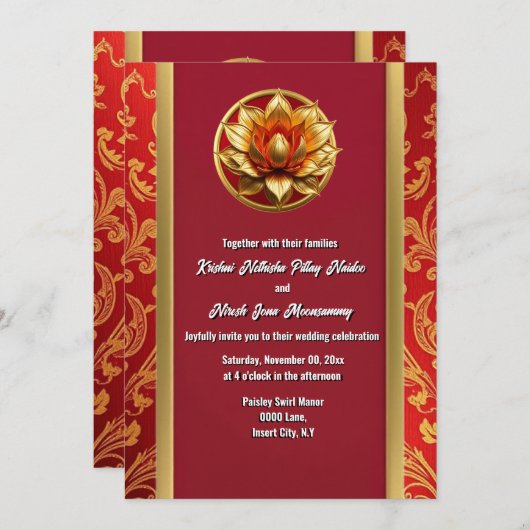 ヒンズー教ハスの花ブルゴーニュ金ゴールドフローラシック 招待状 (正面/裏面)