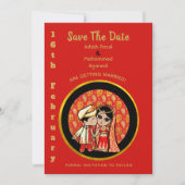 ヒンズー教結婚式招待状赤金ゴールド漫画カップル セーブザデート (正面)