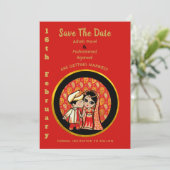 ヒンズー教結婚式招待状赤金ゴールド漫画カップル セーブザデート (スタンド正面)