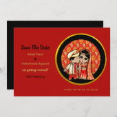 ヒンズー教結婚式招待状赤金ゴールド漫画カップル 招待状 (正面/裏面)