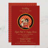 ヒンズー教結婚式招待状赤金ゴールド漫画カップル 招待状 (正面/裏面)