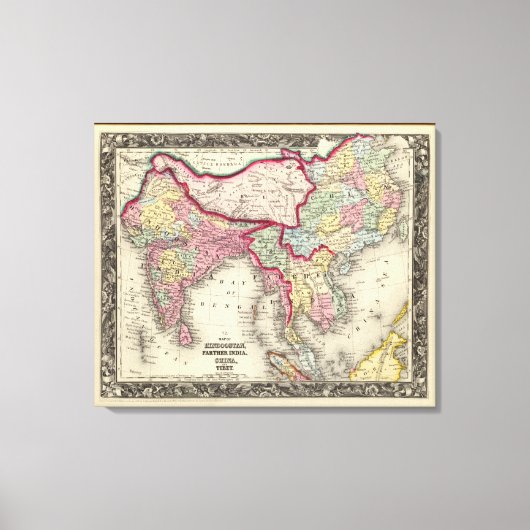 ヒンズー語、遠くインド、中国、チベットの地図 キャンバスプリント (正面)