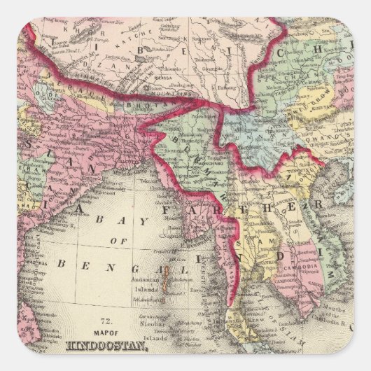 ヒンズー語、遠くインド、中国、チベットの地図 スクエアシール (正面)