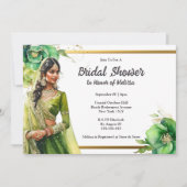ヒンディインディアン花嫁グリーン金ゴールドブライダルシャワー 招待状 (正面)