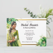 ヒンディインディアン花嫁グリーン金ゴールドブライダルシャワー 招待状 (スタンド正面)