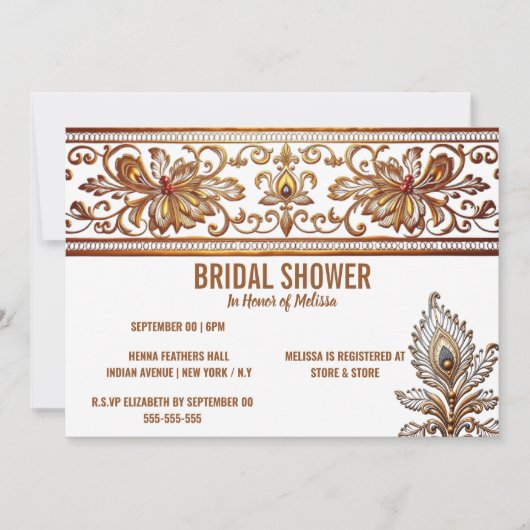 ヒンディインディアン花嫁金ゴールドピーコックフェザーヘナシック 招待状 (正面)