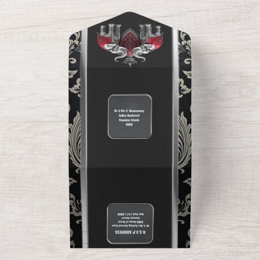 ヒンディヒンドー王室のズインディアンクレストダマスク黒銀 オールインワン招待状 (外側)