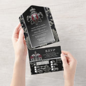 ヒンディヒンドー王室のズインディアンクレストダマスク黒銀 オールインワン招待状 (貼ってはがせる)