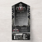 ヒンディヒンドー王室のズインディアンクレストダマスク黒銀 オールインワン招待状 (内側)