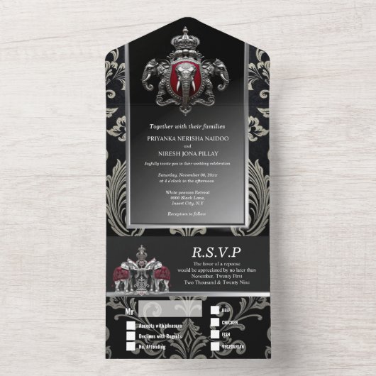 ヒンディヒンドー王室のズインディアンクレストダマスク黒銀 オールインワン招待状 (内側)