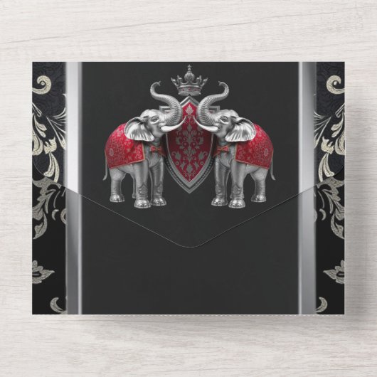 ヒンディヒンドー王室のズインディアンクレストダマスク黒銀 オールインワン招待状 (裏面)