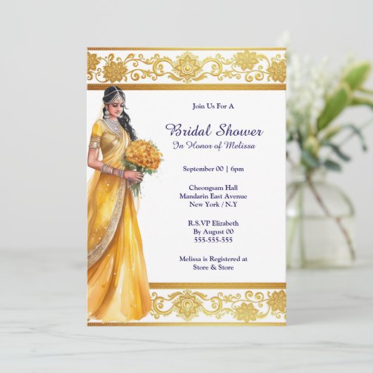 ヒンディメンディインディアンブライドイエロー金ゴールドブライダル 招待状 (スタンド正面)