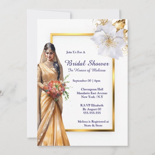 ヒンディメンディインディアンブライド緑金ゴールドホワイトブライダル 招待状 (正面)