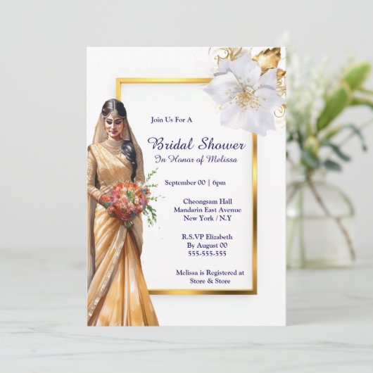 ヒンディメンディインディアンブライド緑金ゴールドホワイトブライダル 招待状 (スタンド正面)
