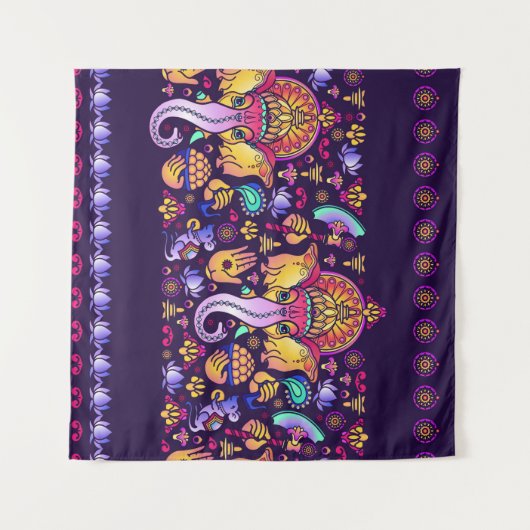 ヒンドゥー教の神ガネーシャとインディアンのシンボル タペストリー (正面(横))