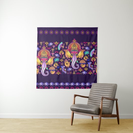 ヒンドゥー教の神ガネーシャとインディアンのシンボル タペストリー (インサイチュ)